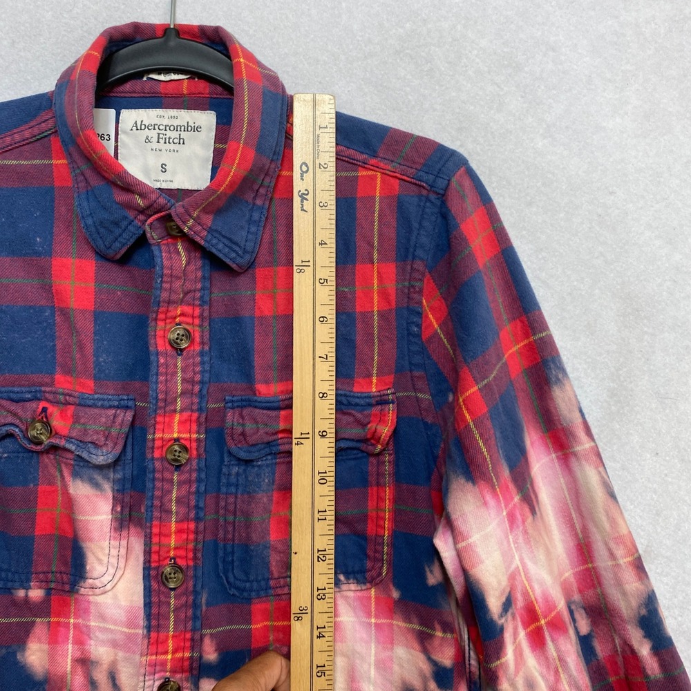 Abercrombie & Fitch Flannel Shirt Mens S Red Blue Bleached Acid Wash Button Up - Picture 2 of 9